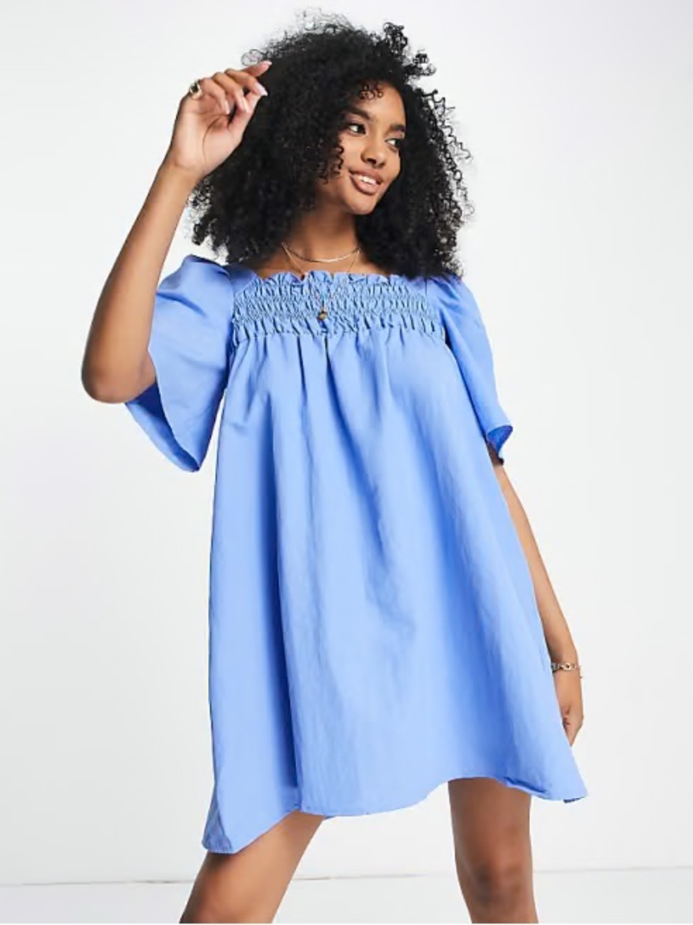 Blue Smocked Neck Mini Dress
